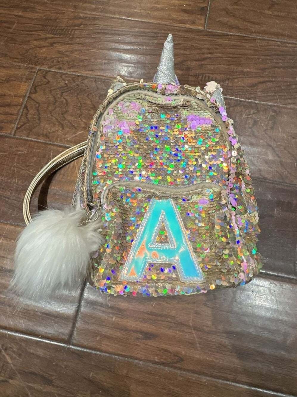 Justice Gold Iridescent Sequin Unicorn Mini Backpack Letter A